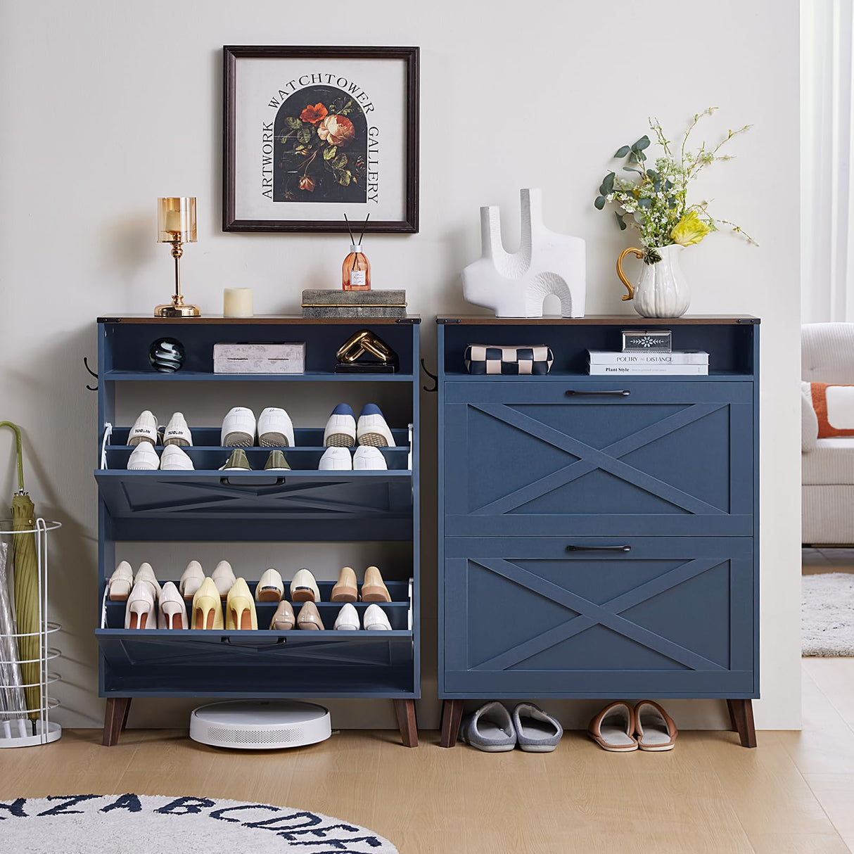 Joaxswe Shoe Storage Cabinet with 2 Flip Drawers, Farmhouse Shoe Organizer for Entryways, Narrow Hidden Rack & Open Storage, Free Standing Closet for Foyers, Hallways, Navy Blue Joaxswe