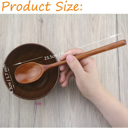 Wooden Spoons, 6 Pieces 9 Inch Wood Soup Spoons for Eating Mixing Stirring, Long Handle Spoon with Japanese Style Kitchen Utensil, ADLORYEA Eco Friendly Table Spoon