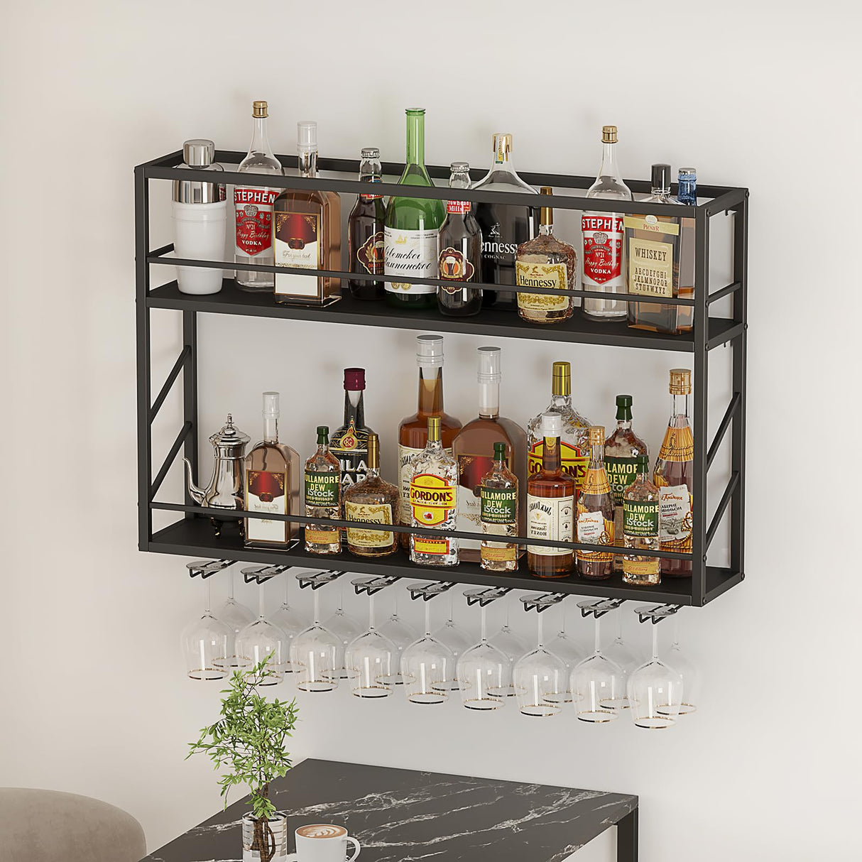 Woskar Wall Mounted Wine Rack 2 Tier, Metal Bar Liquor Shelves and Glass Holder,Wall Bar Shelf Wine Display Storage Holder for Home Bar, Dining Room, Kitchen(31.4×7.8×26in) Woskar