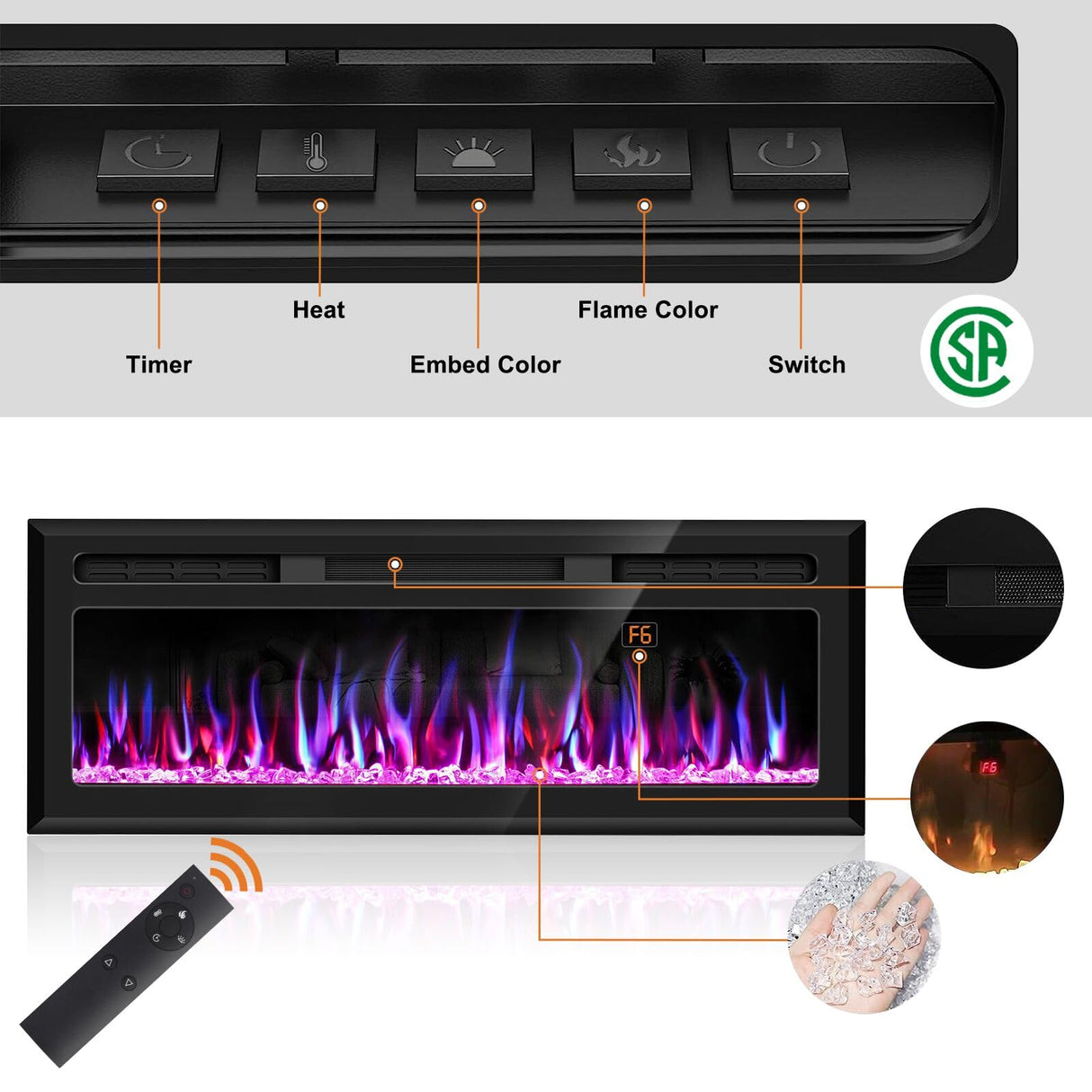 Hocookeper 60 inch Electric Fireplace, Wall Mounted and Recessed Fireplace Linear Fireplace Insert with Remote Control, Adjustable Flame Colors, Timer,750w/1500w, Black Hocookeper