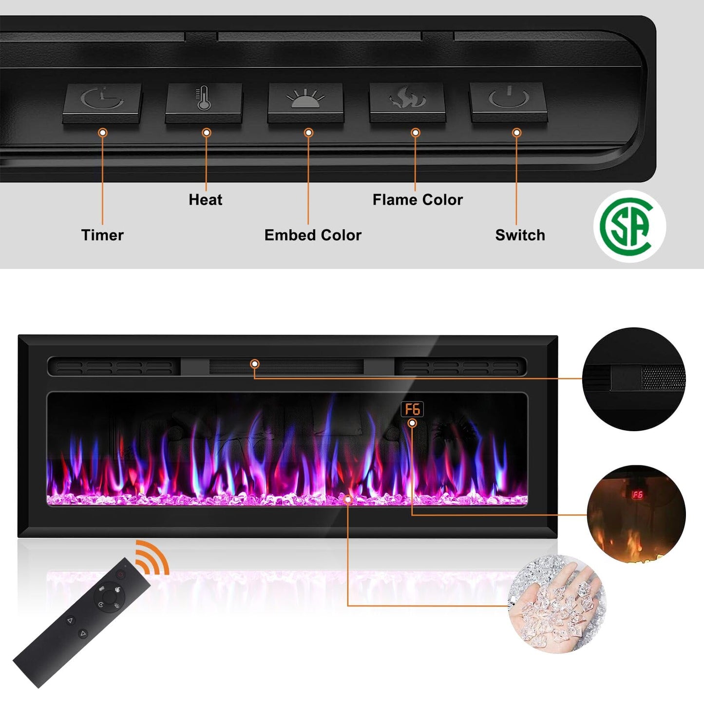 Hocookeper 60 inch Electric Fireplace, Wall Mounted and Recessed Fireplace Linear Fireplace Insert with Remote Control, Adjustable Flame Colors, Timer,750w/1500w, Black