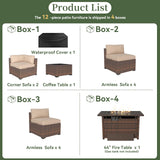 Aoxun 12 Piece Patio Furniture Set with 44” Fire Pit Table Wicker Rattan Outdoor Sectional Sofa Set with Coffee Table and Thickened Cushions, Beige (Waterproof Cover Included) Aoxun