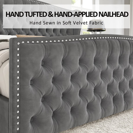 AMERLIFE King Size Platform Bed Frame, Velvet Upholstered Bed with Deep Button Tufted & Nailhead Trim Wingback Headboard/No Box Spring Needed/Grey AMERLIFE
