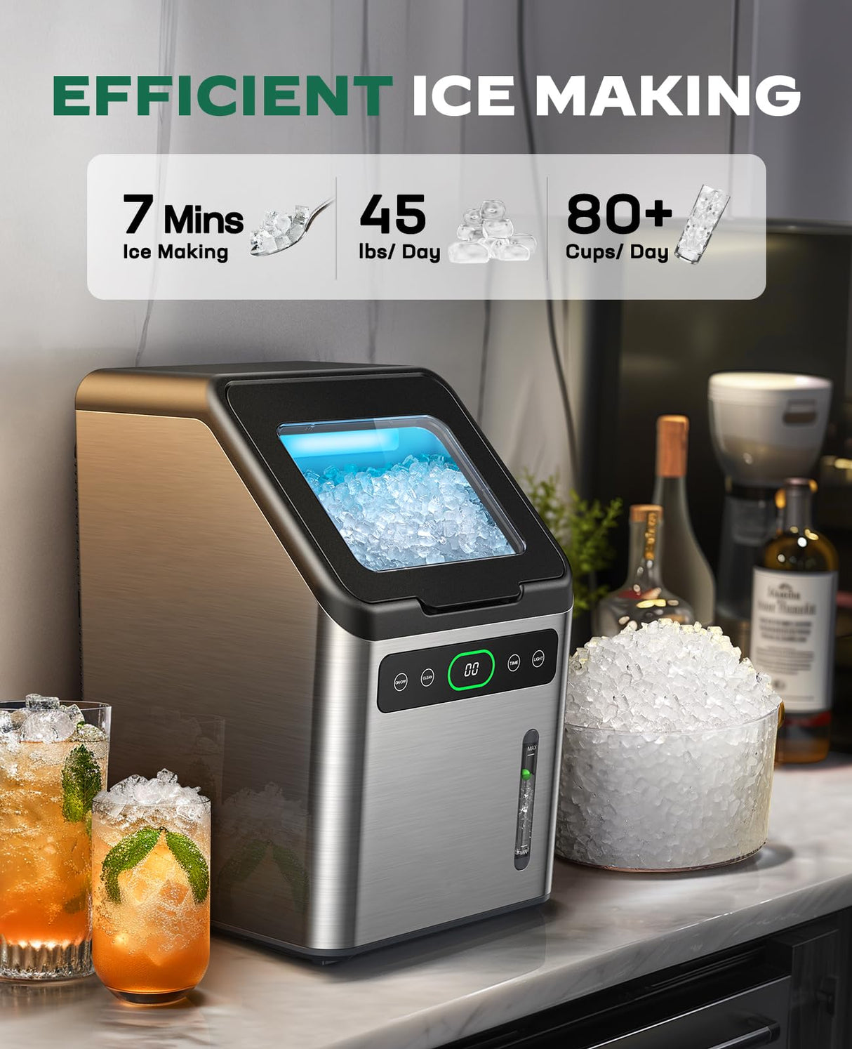 Totnz Nugget Ice Maker Countertop, 44lbs per Day with Self-Cleaning Function，Timer Pebble Ice Maker with Soft Chewable Ice for Home Kitchen Office Bar Party,Stainless Steel Totnz