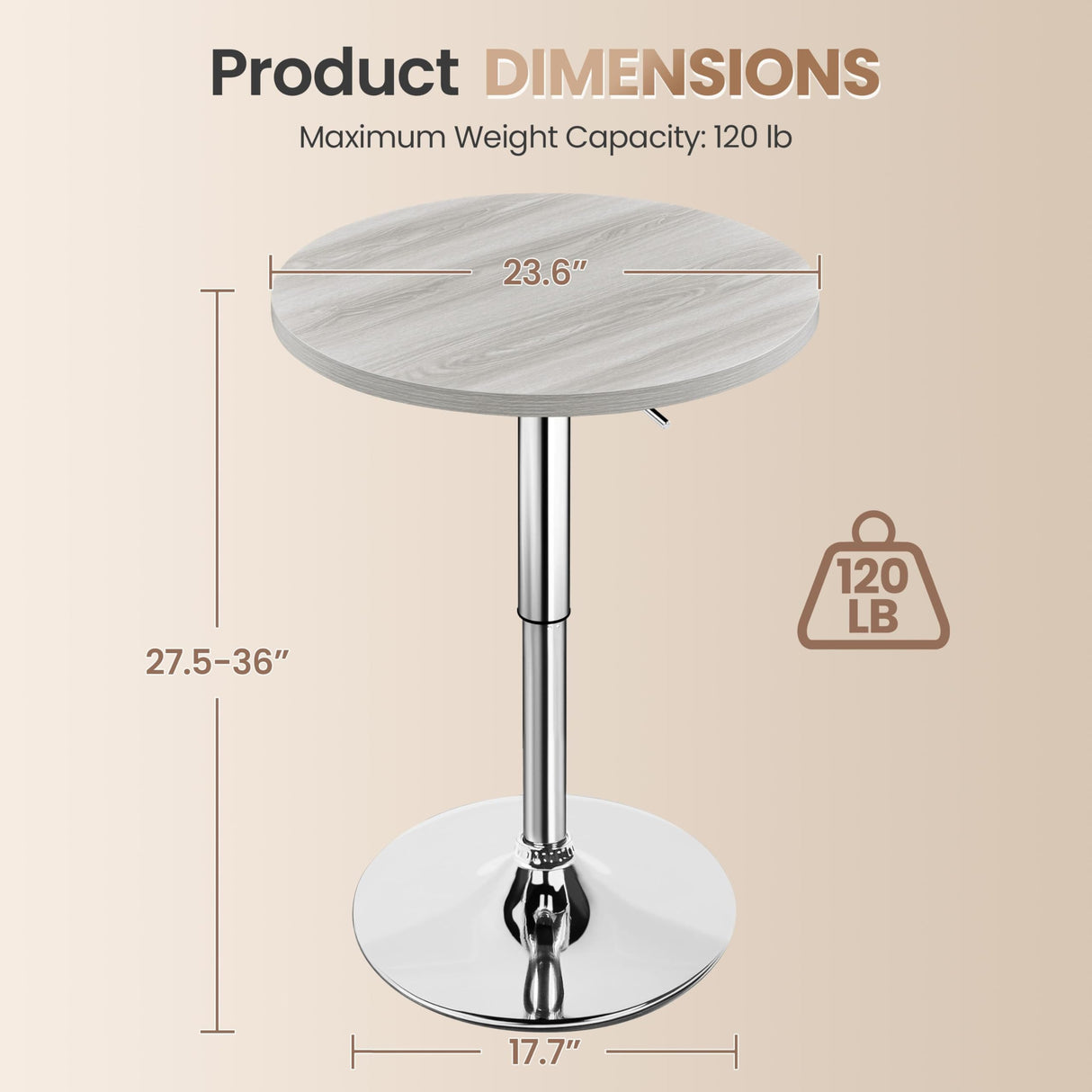 Yaheetech Round Bar Table, Adjustable Height and 360° Swivel Bar Tables, Cocktail Table with MDF Top, Silver Leg Base for Bar, Bistro, Café, Grey Yaheetech