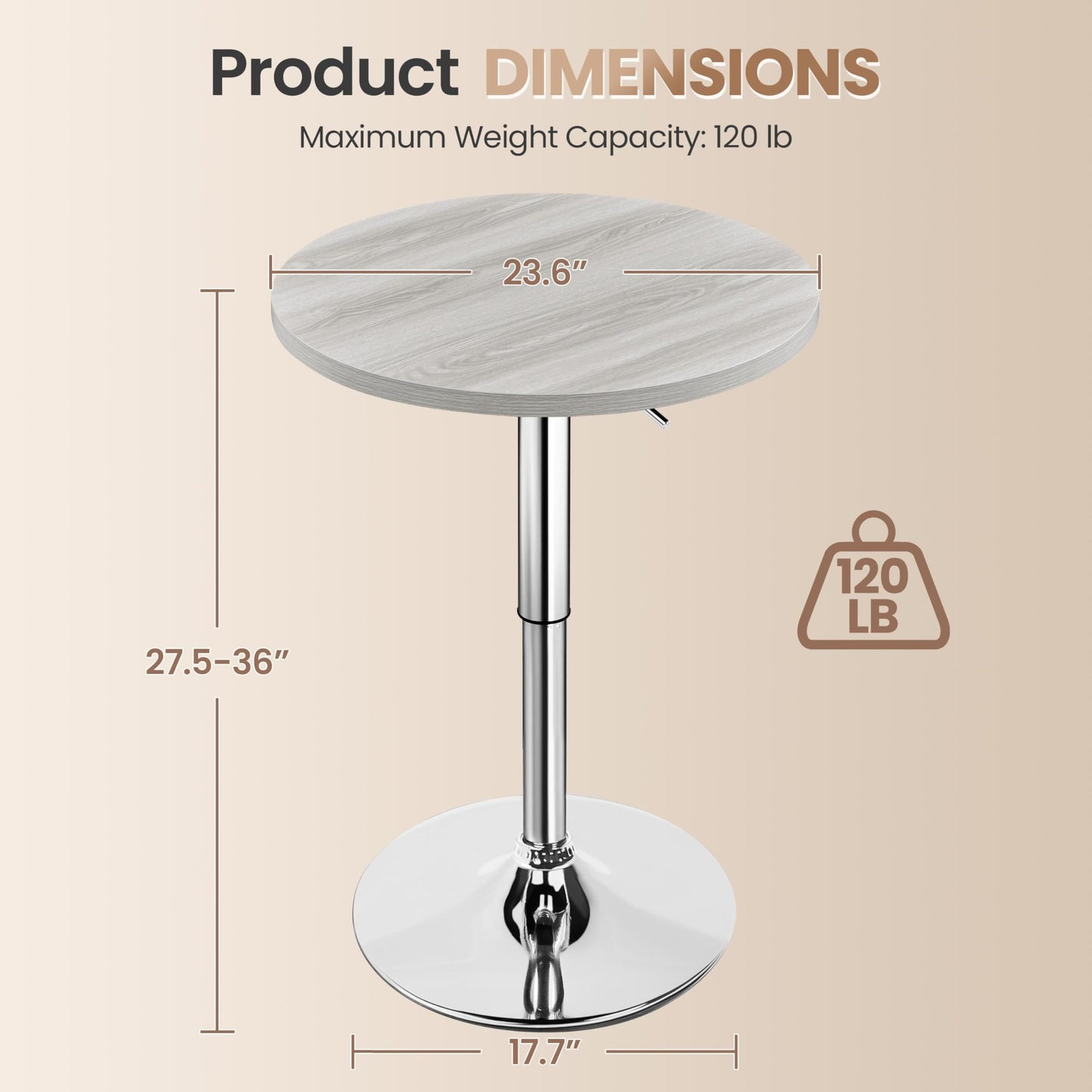 Yaheetech Round Bar Table, Adjustable Height and 360° Swivel Bar Tables, Cocktail Table with MDF Top, Silver Leg Base for Bar, Bistro, Café, Grey