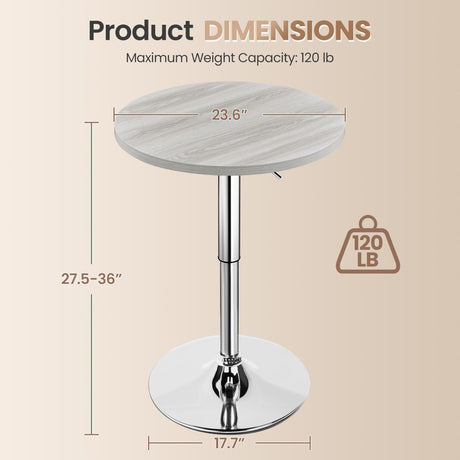 Yaheetech Round Bar Table, Adjustable Height and 360° Swivel Bar Tables, Cocktail Table with MDF Top, Silver Leg Base for Bar, Bistro, Café, Grey Yaheetech