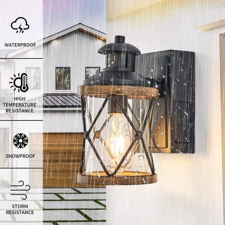 Dusk to Dawn Motion Sensor Outdoor Porch Light with GFCI Outlet,3 Lighting Modes Anti-Rust Waterproof Industrial Outdoor Lantern,UL ETL Listed,Exterior Work Lights Rustic Wood-Like Finish Wall Light Ejerlya