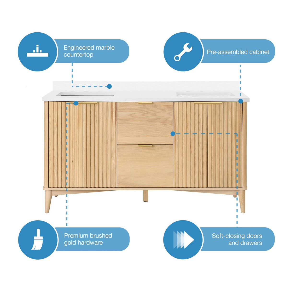 OVE Decors Indy 60 in. Undermount Double Sink Bathroom Vanity with White Engineered Marble Top, Rustic Ash OVE Decors