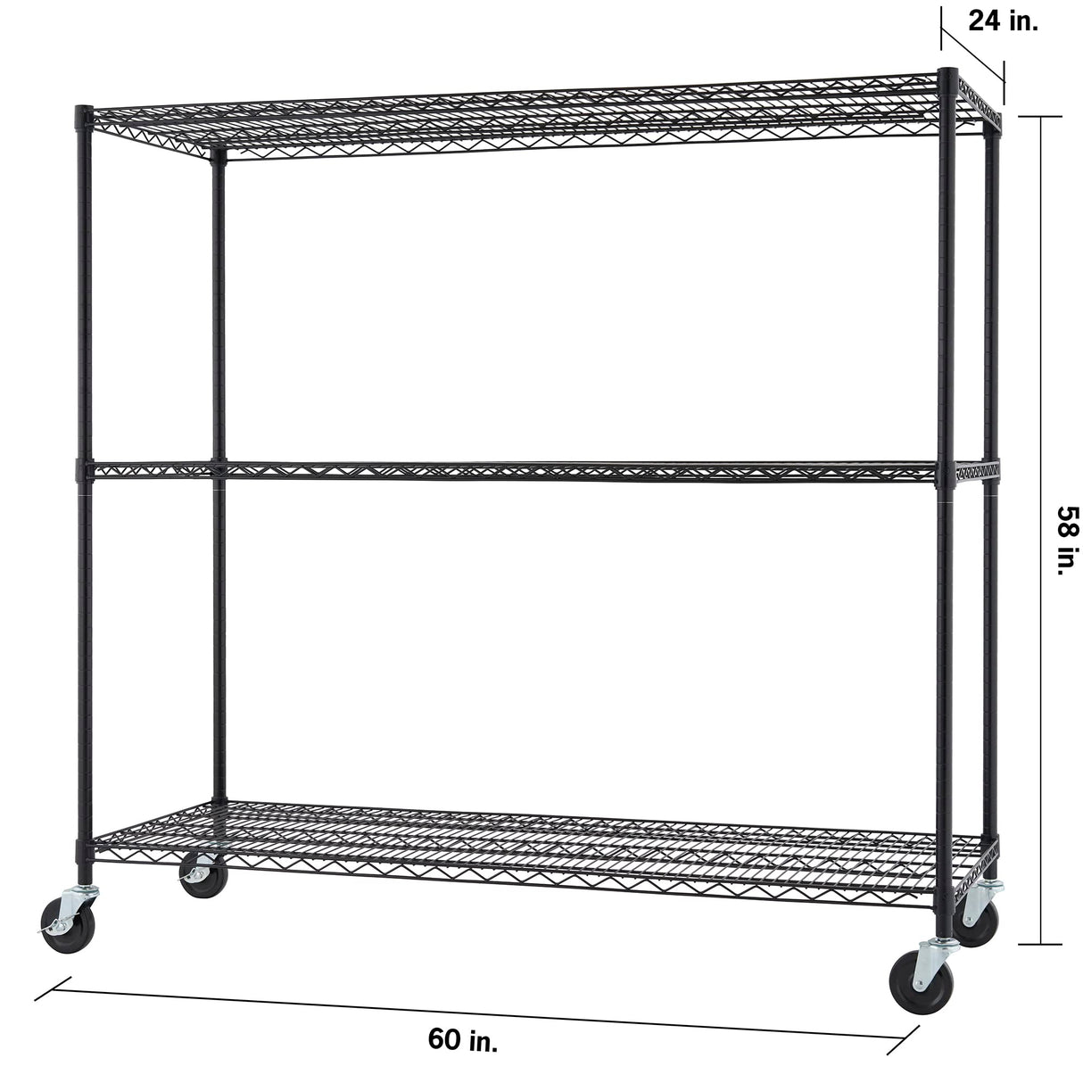 TRINITY Basics 3-Tier Adjustable Wire Shelving with Wheels for Kitchen Organization, Garage Storage, Laundry Room, NSF Certified, 600 to 1350 Pound Capacity, 60” by 24” by 54”, Black TRINITY