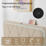 VECELO Upholstered Twin Bed Frame with Headboard Adjustable, Velvet Platform Bed with LED Lights, Charging Station, Mattress Foundation with Wooden Slats, Noise Free, No Box Spring Needed, Beige VECELO