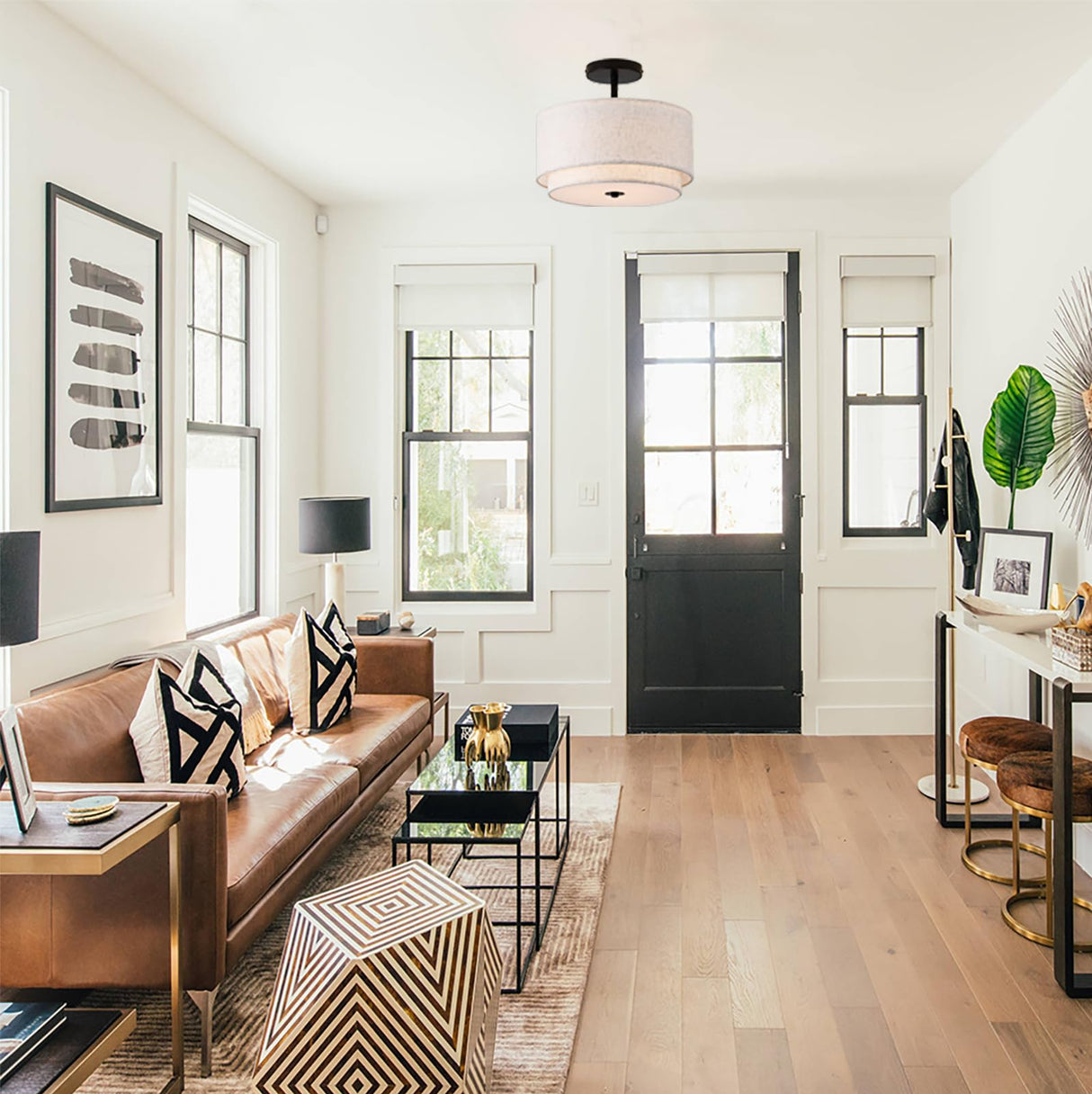 Vexagyle 12.6inch Flush Mount Ceiling Light Fixture,3-Light Modern Close to Ceiling Light with 2-Layer Linen Fabric Shade,Farmhouse Drum Ceiling Mount Lamp for Bedroom Hallway Living Room Vexagyle