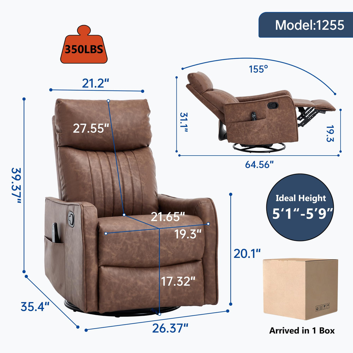 PELUMY Recliner Chair Swivel Rocking with Heat Massage - 360° Manual Recliner, 8-Point Vibrating & Lumbar Heat, Easy Assembly Chair for Living Room (Breathable Leather, Brown) PELUMY