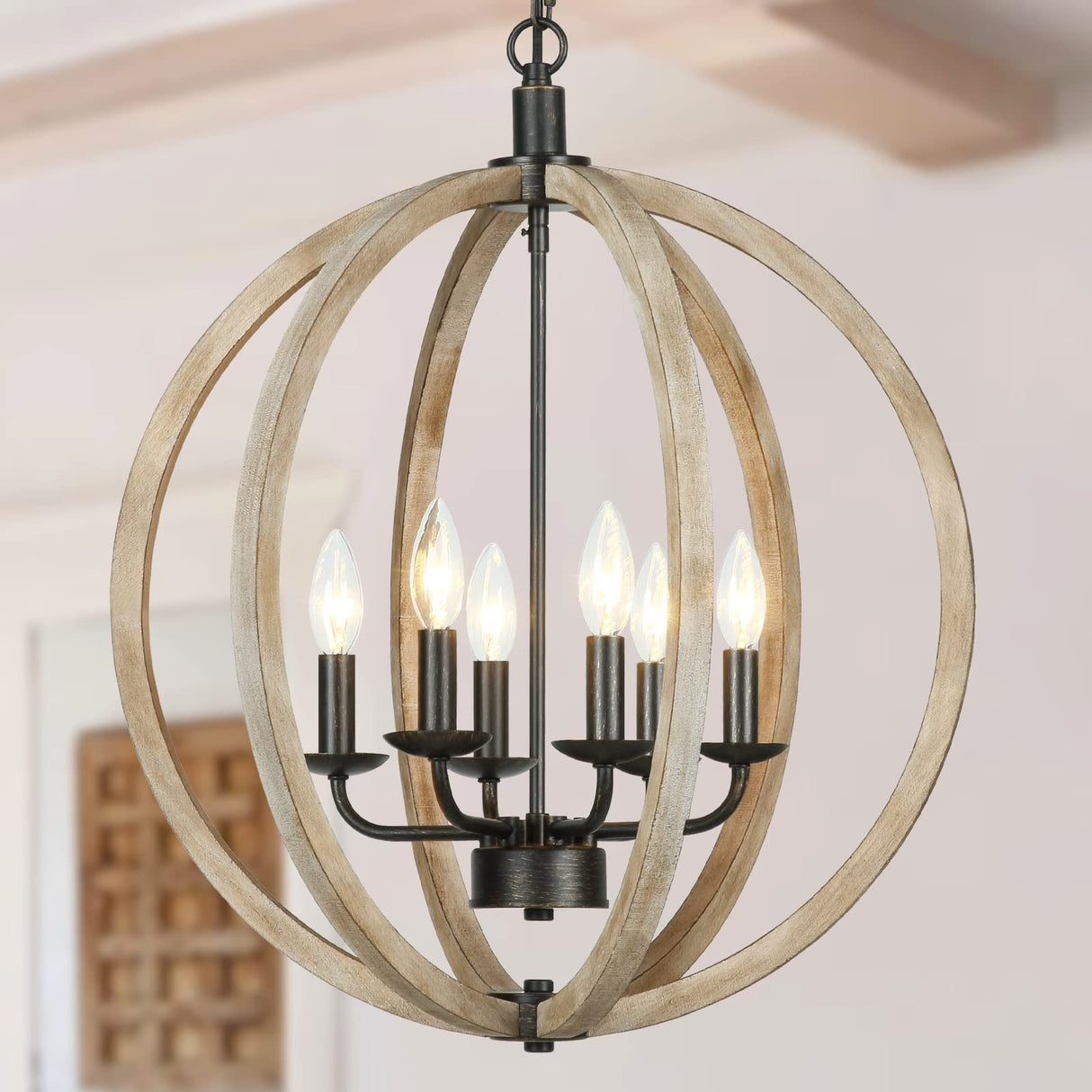 Eco-homely 6 Lights Farmhouse Chandelier - Orb Rustic Wooden Globe Chandelier for Kitchen Island, Foyer, Bedroom and Living Room (20 Inches, 6 Light) Eco-homely