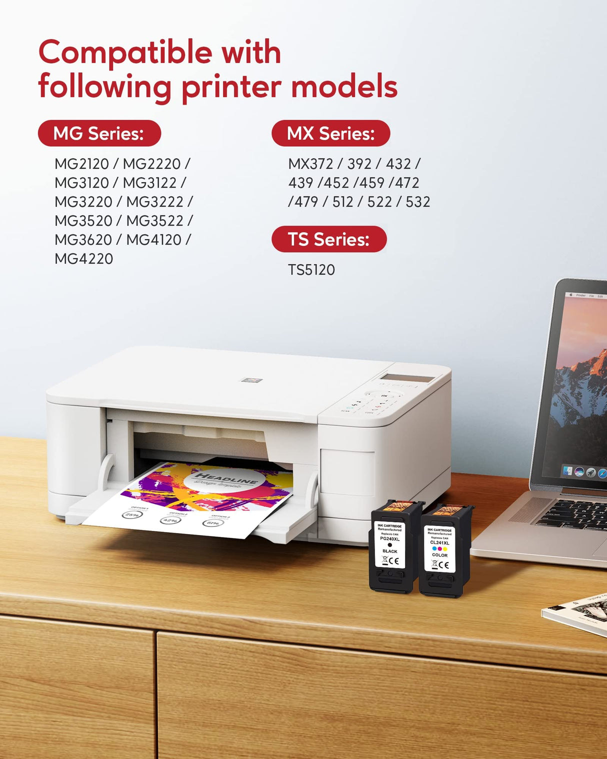 Axlio PG-240XL/CL-241XL Compatible Ink Cartridges Replacement for Canon 240 241, 240XL 241XL Combo Pack Use to Canon MG3620 TS5120 MG3520 MG2120 MX452 MX512 MX532 Printer (2 Pack) Axlio