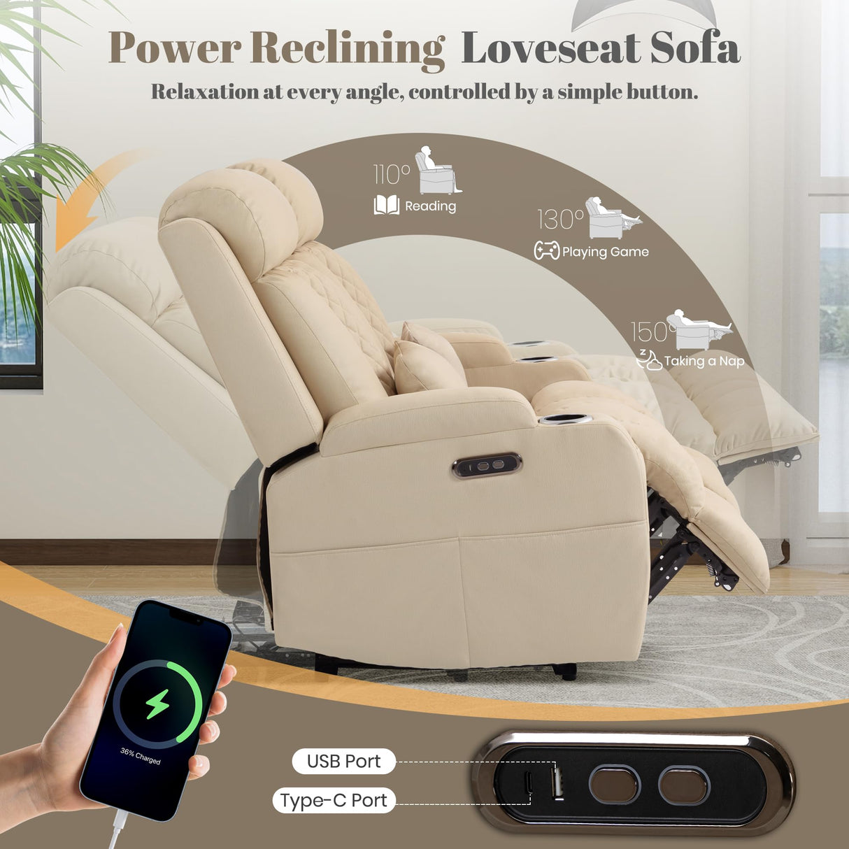Neptane Zero Wall Hugger Power Reclining Loveseat with Adjustable Headrest, Power Loveseat Recliner Sofa with USB&Type-C Ports, Wall Hugger Loveseat Recliner for Living Room(Beige, 2 Seater) Neptane
