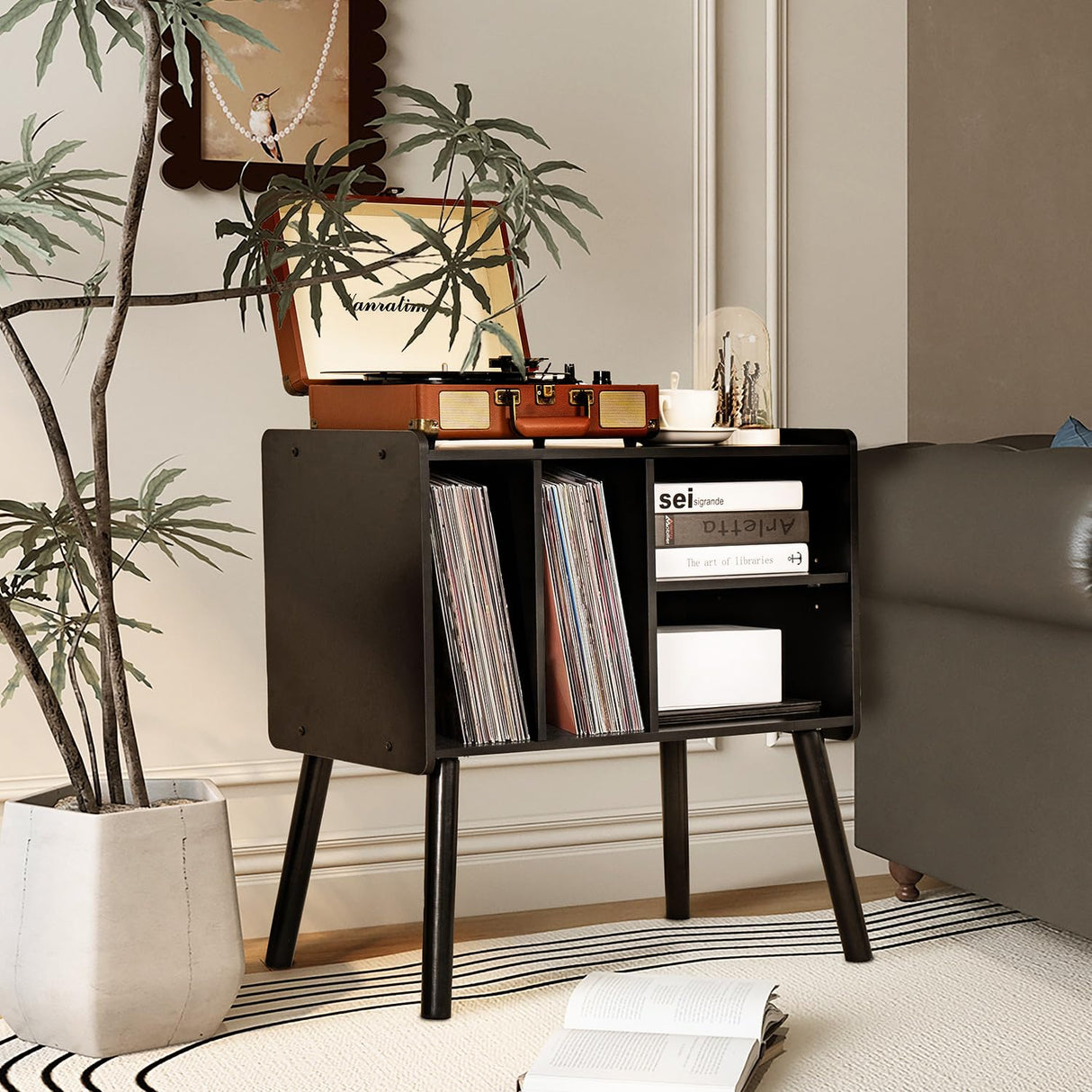 UODERS Record Player Table, Mid-Century Record Player Stand with Vinyl Storage Hold Up to 150+ Albums, Vinyl Record Cabinet with Adjustable Shelves, Wood Turntable Stand for Music Living Room (Black) UODERS