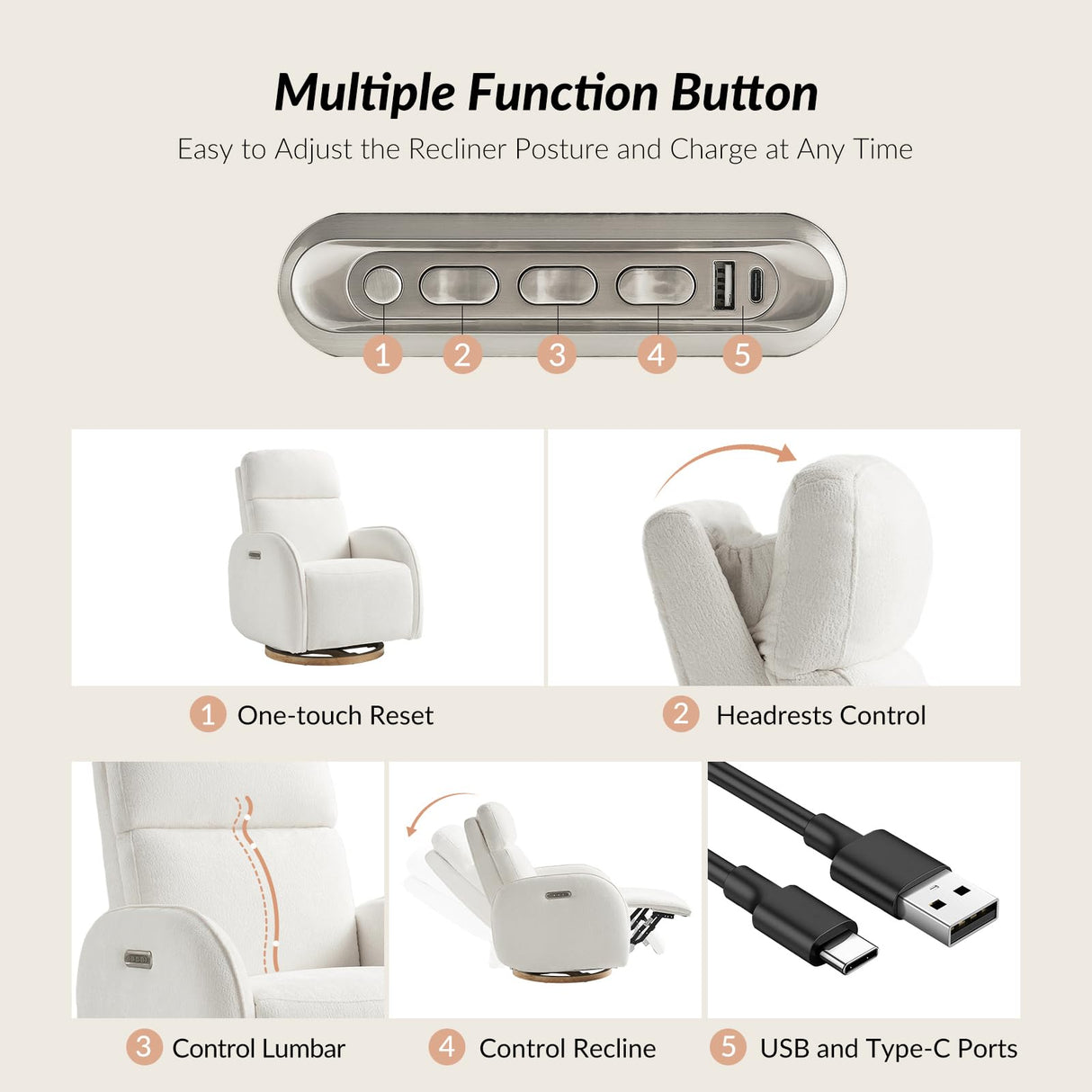 HULALA HOME Glider Recliner Nursery Chair with Adjustable Headrest and Lumbar Support, Modern Power Recliner with USB Port and Nightlight, Swivel Rocker Glider for Nursing Room Bedroom, White HULALA HOME