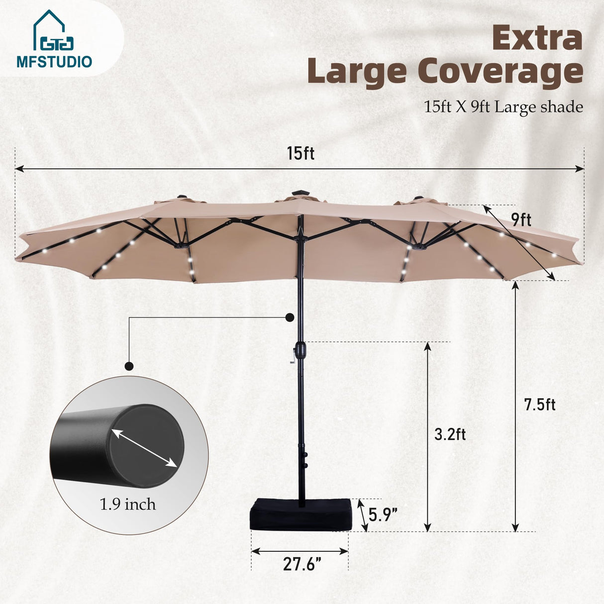 MFSTUDIO 15ft Double Sided Patio Umbrella with Solar Lights, Outdoor Large Umbrellas with Crank Handle and 36 LED Lights, Rectangular Market Umbrella with Base Included for Deck Pool Shade, Beige MFSTUDIO