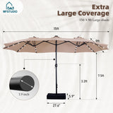 MFSTUDIO 15ft Double Sided Patio Umbrella with Solar Lights, Outdoor Large Umbrellas with Crank Handle and 36 LED Lights, Rectangular Market Umbrella with Base Included for Deck Pool Shade, Beige MFSTUDIO