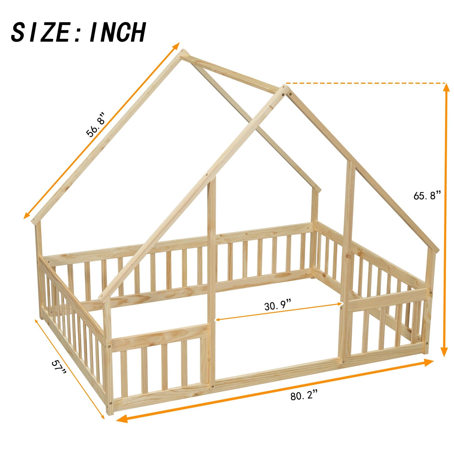 Bellemave Natural Wood House Floor Bed for Kids with Roof and Fence, Full Size Montessori Design