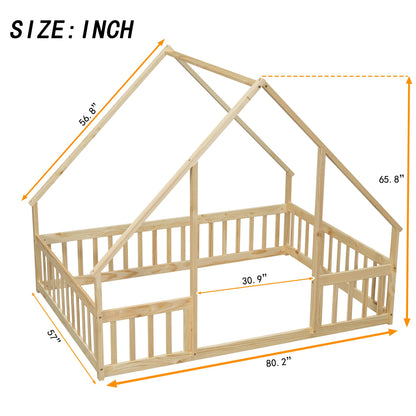 Bellemave Natural Wood House Floor Bed for Kids with Roof and Fence, Full Size Montessori Design