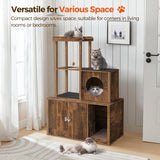 MAHANCRIS Cat Tree with Litter Box Enclosure, Hidden Cats Litter Box Furniture with Condo and Plush Ball, Wooden Cats Washroom Furniture with Platform, Indoor Cat House, Rustic Brown CWHR1501 MAHANCRIS