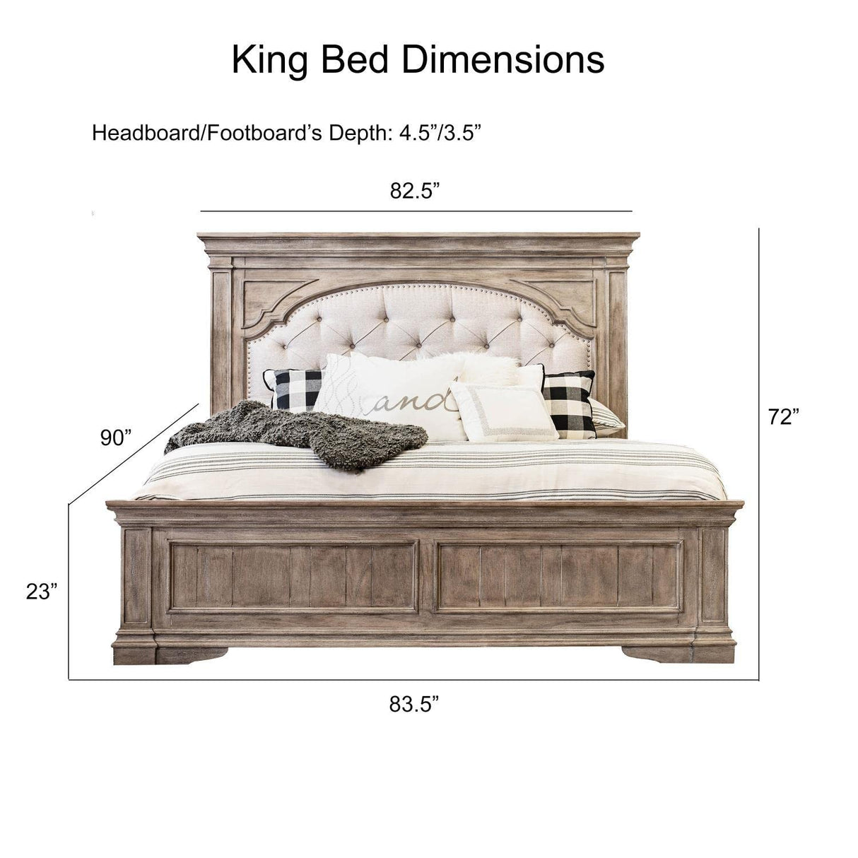 Steve Silver Company Highland Park 83.5" x 90" Farmhouse Wood & Fabric Upholstered Panel King Bed with Button Tufted Headboard, Low Vertical Planked Inset Panel Footboard, in Driftwood Gray Finish Steve Silver