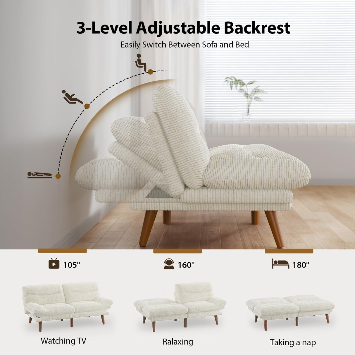 Pipishell Convertible Futon Sofa Couch, Corduroy Futon with Adjustable Backrest and Armrests, Futon Sofa Bed for Small Apartments, Living Room or Office(White) Pipishell