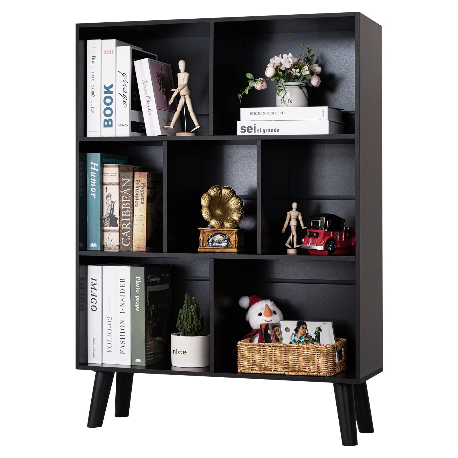 YAHARBO Elegant Black 3-Tier Modern Bookshelf with Legs – Stylish Wooden Cube Organizer - WoodArtSupply