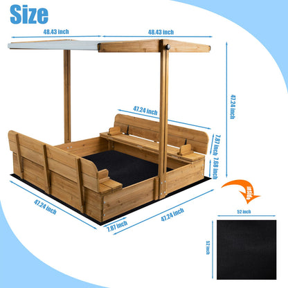 PetsCosset Wooden Sandbox with Cover, Sand Boxes for Kids Outdoor with Lid, Sandbox with 2 Foldable Bench Seats for Backyard (47x47in), UV-Resistant & Adjustable Height Roof, Gift for Ages 2- - WoodArtSupply