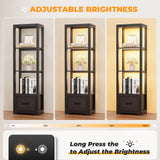 BROTTAR Display Shelf with 3 Color Light, Bookshelf with Drawer, Dimmable LED Floor Lamp with Shelves, Display Case, Display Standing Shelf Unit for Bedroom, Living Room, Black BROTTAR