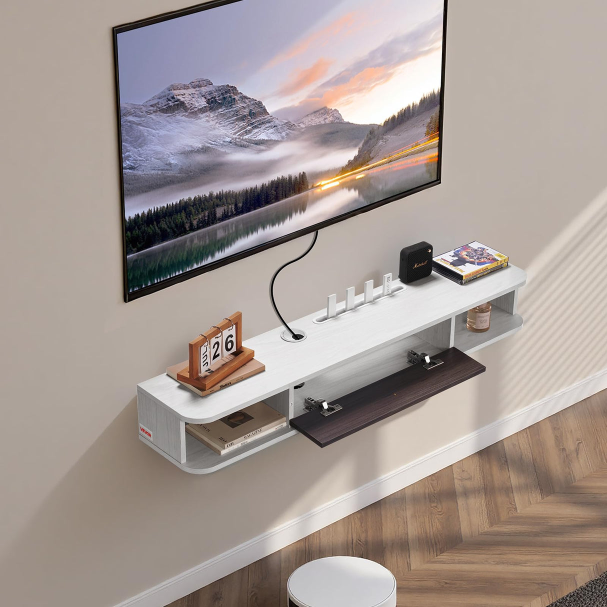 VEVOR Floating TV Stand, 47 in Wall Mount Entertainment Center with Cable Hole, Modern Floating TV Shelf with Storage Cabinet, Particle Board Console for DVD Player, Cable Box, Game Console, White VEVOR
