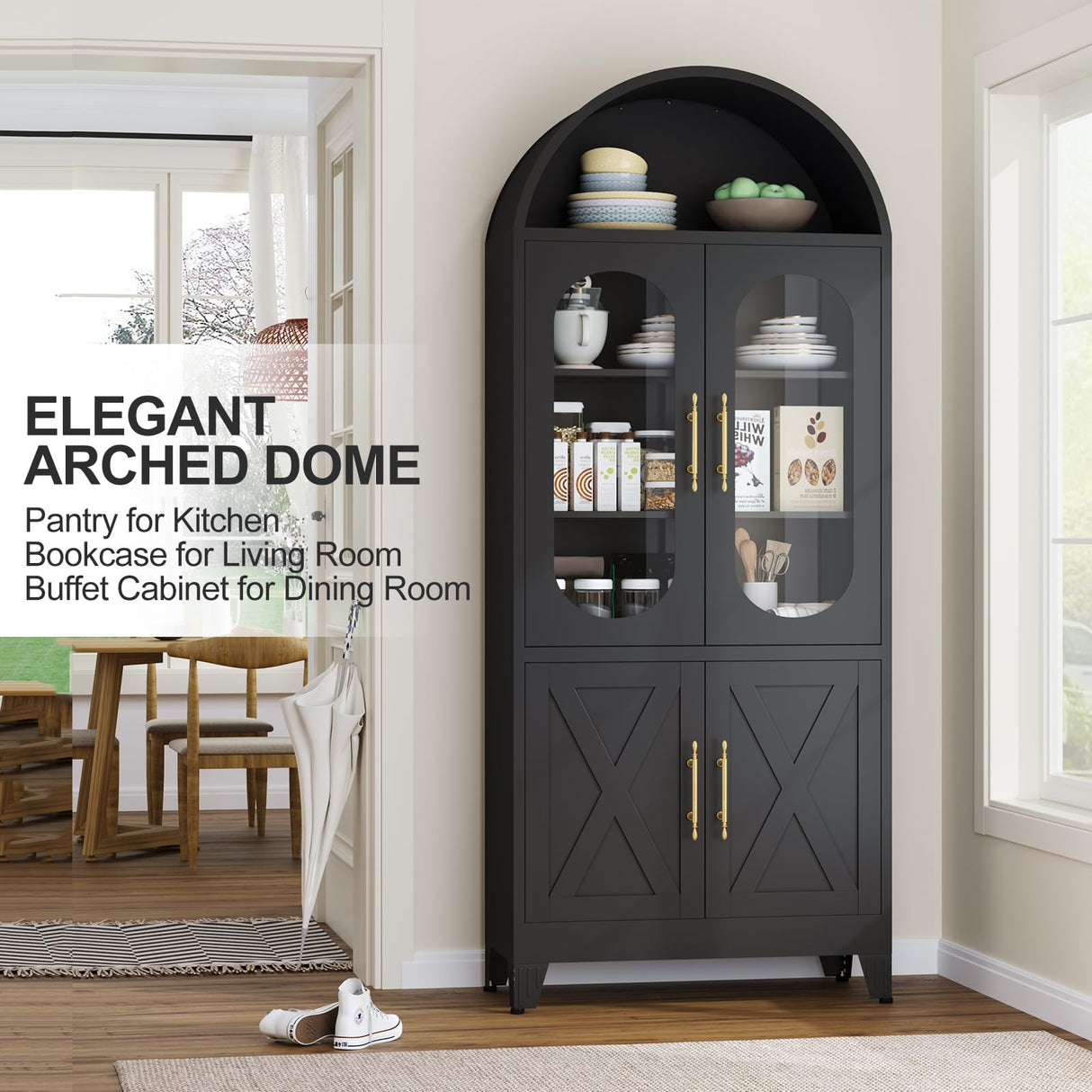 erosoei 73" H Metal Tall Arched Kitchen Pantry Cabinet, Modern Farmhouse China Storage Cabinets with Glass Door and Adjustable Shelves, Versatile Cupboard for Kitchen, Dining Room, Bathroom (Black) erosoei