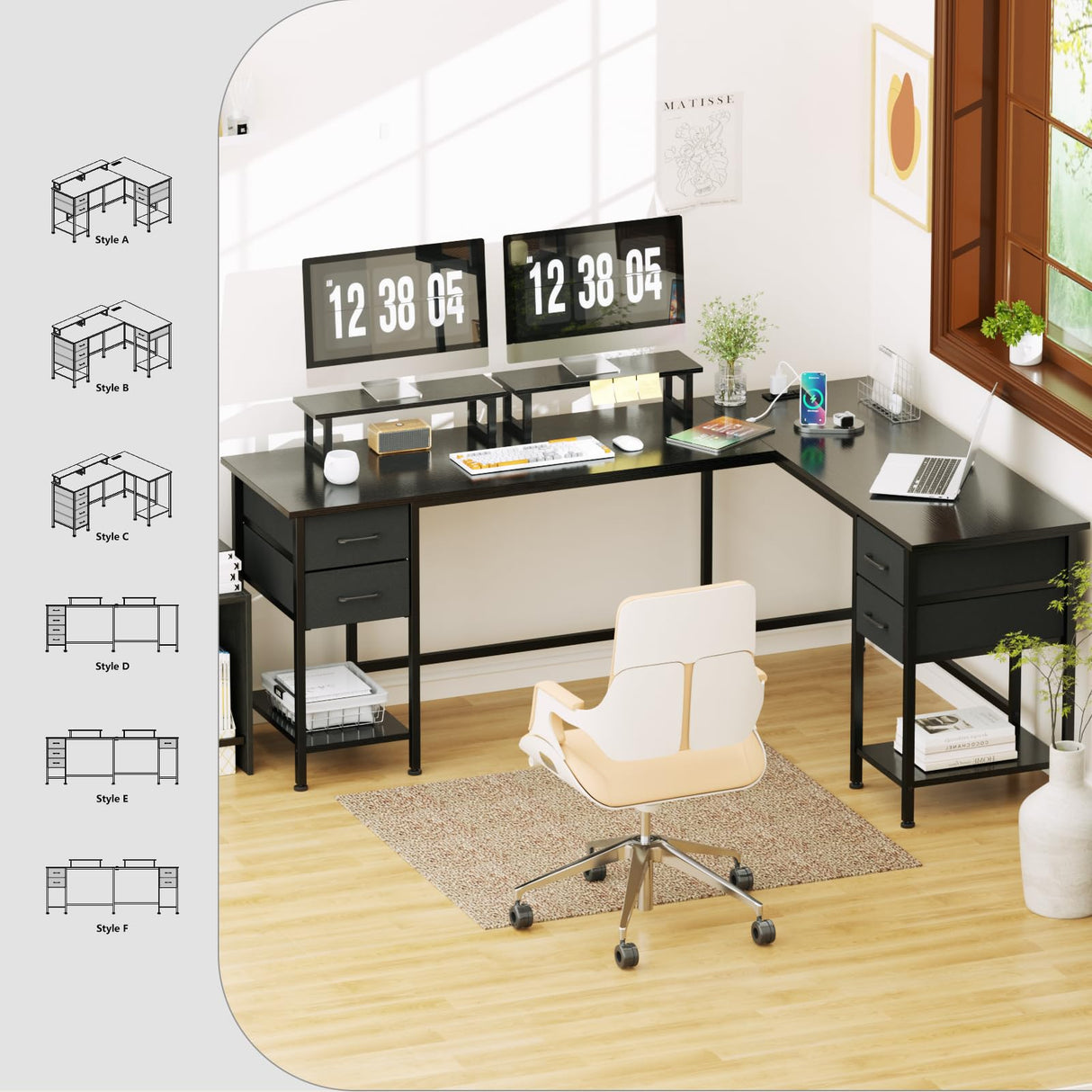 Korfile 66" L Shaped Computer Desk with Power Outlets, Corner Desk with 2 Monitor Stands, Home Office Desk with 4 Adjustable Storage Drawers & Shelves, Large Desk for Gaming Writing Study Work, Black Korfile