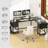 Korfile 66" L Shaped Computer Desk with Power Outlets, Corner Desk with 2 Monitor Stands, Home Office Desk with 4 Adjustable Storage Drawers & Shelves, Large Desk for Gaming Writing Study Work, Black Korfile