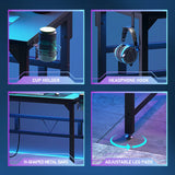 TREETALK Gaming Desk with Power Outlets & LED Strip Lights,80CM Industrial Writing Desk with Adjustable Monitor Stand, Cupholder and Headphone Hook for Home Office Black TREETALK