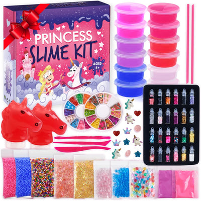 Princess Slime Kit for Girls - Water Based Colorful Premade Slime, Glow in the Dark, Glitter Powder, Ultimate Diy Pink Crystal Unicorn Kit for Girls, Ideal Gift Idea for Christmas & Holiday Ages 5-12+