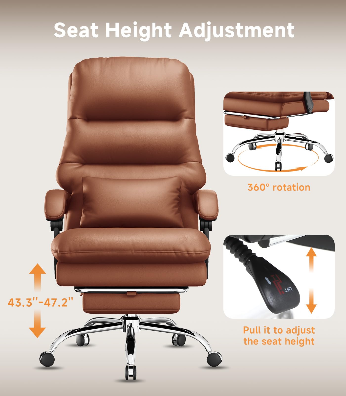 Ylzyxal Office Chair, Big and Tall Office Desk Chair, Ergonomic Office Chair, 400LBS PU Leather Computer Chairs, Executive Office Chair with Foot Rest and Lumbar Pillow (Bright Brown)