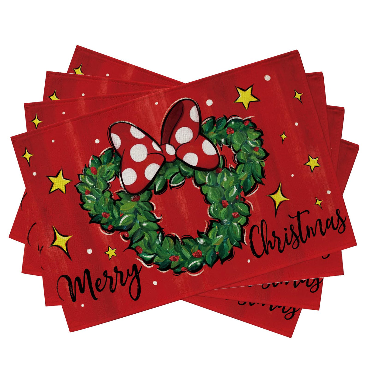 Seliem Merry Christmas Wreath Placemats Set of 4, Xmas Polka Dot Bow Holly Berry Red Dining Table Place Mats, Winter Star Holiday Kitchen Decor Party Home Decoration 12 x 18 Inch Seliem