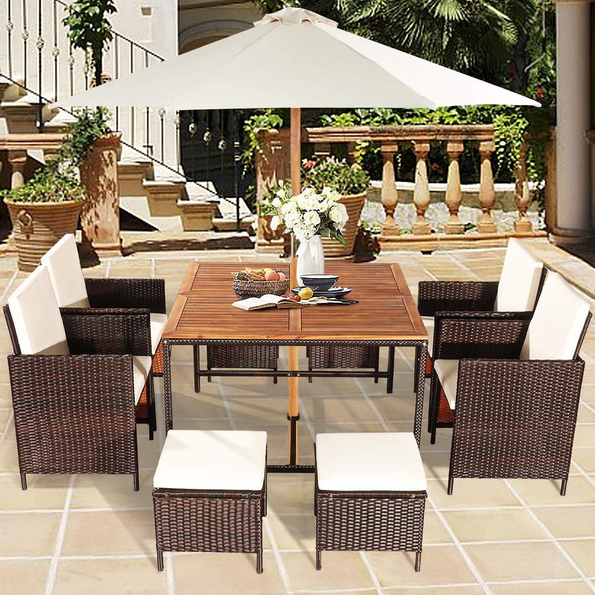 HAPPYGRILL 9-Pieces Patio Dining Set Outdoor Dining Furniture Set with Cushioned Seating, Space-Saving Dining Table with Acacia Wood Tabletop Rattan Wicker Chair and Ottoman Sets for Backyard - WoodArtSupply