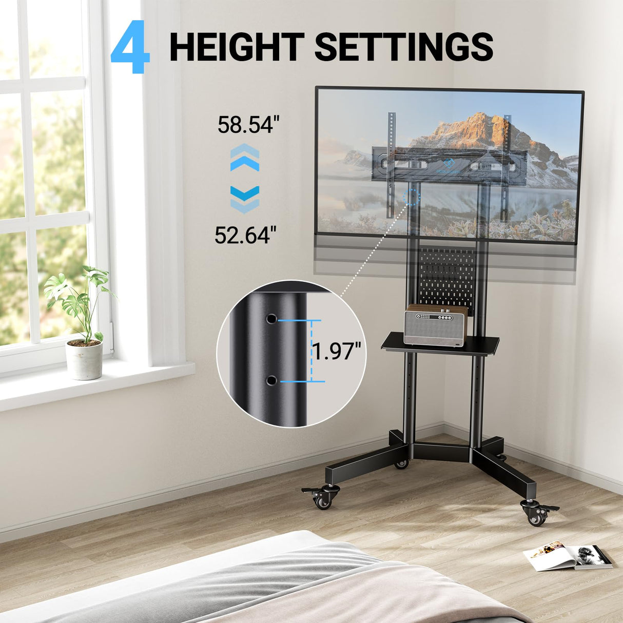 PERLESMITH Rolling TV Stand with Pegboard Storage for 32-85 Inch TVs Holds up to 132 Lbs, Height Adjustable Mobile TV Stand with Laptop Shelf, Portable tv Stand for 4K TVs Max VESA 600x400mm PSTVMC01 PERLESMITH