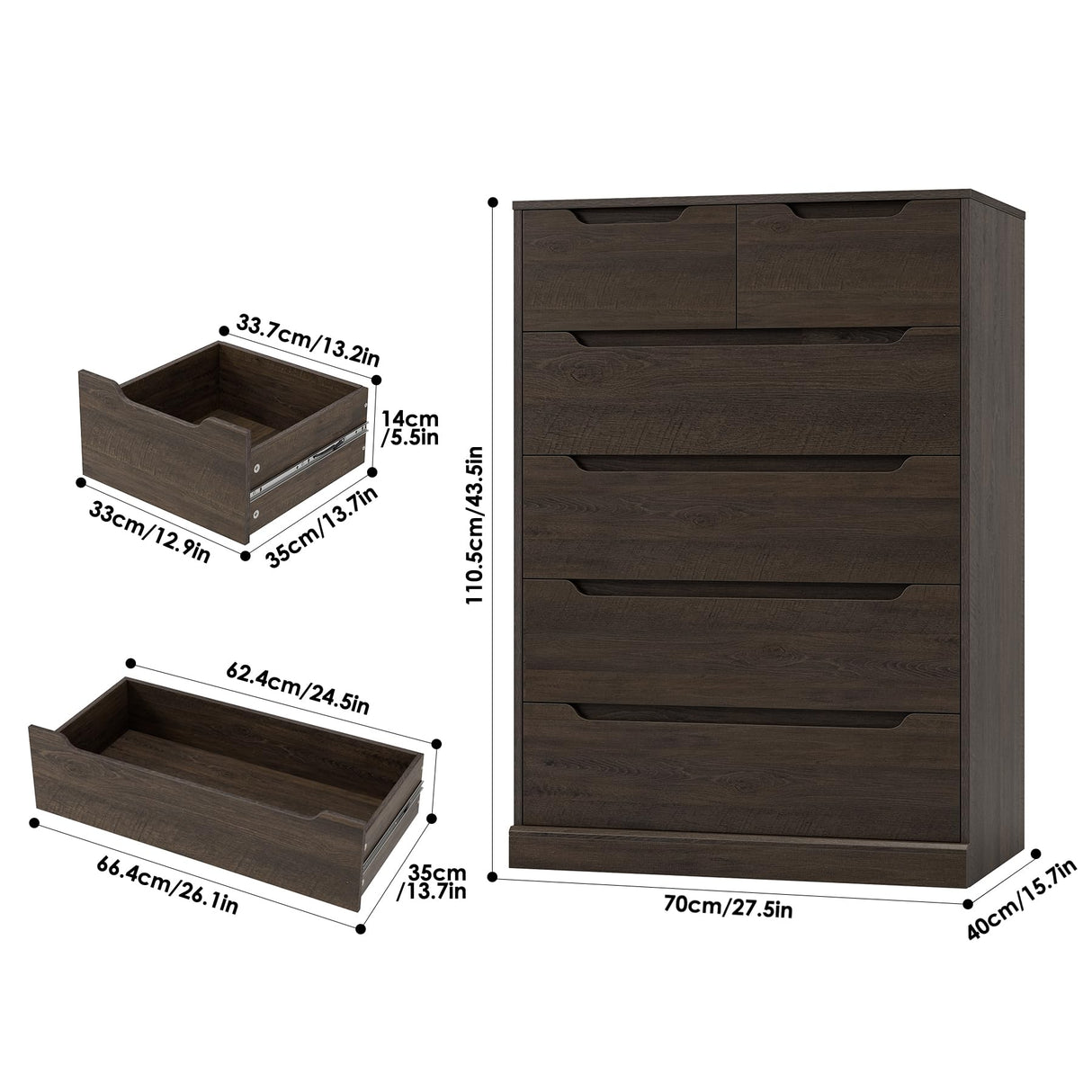 HOSTACK Modern 6 Drawer Dresser for Bedroom, Tall Chest of Drawers with Storage, Large Wood Storage Chest Organizer with Cut-Out Handle, Accent Storage Cabinet for Living Room, Hallway, Dark Brown HOSTACK