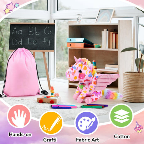 Realspring 11" Coloring Unicorn Plush Toy with 12 Washable Marker for Little Girl DIY Coloring Unicorn Stuffed Animal Toy Soft Doodle Doll Art and Craft Painting for Kid Back to School Birthday Gift Realspring