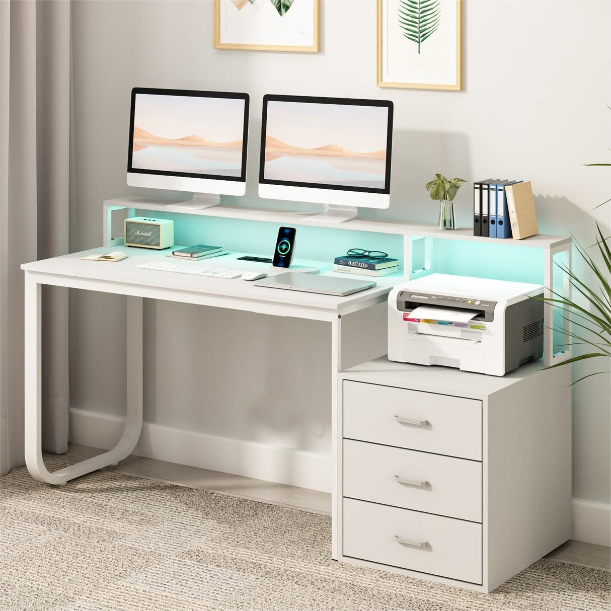 HOMBCK 67” White Desk with 3 Drawers and Storage, Reversible White Office Desk Computer Desk with Monitor Stand, Home Office Desk with LED Strips and Printer Standfor Bedroom HOMBCK