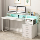 HOMBCK 67” White Desk with 3 Drawers and Storage, Reversible White Office Desk Computer Desk with Monitor Stand, Home Office Desk with LED Strips and Printer Standfor Bedroom HOMBCK