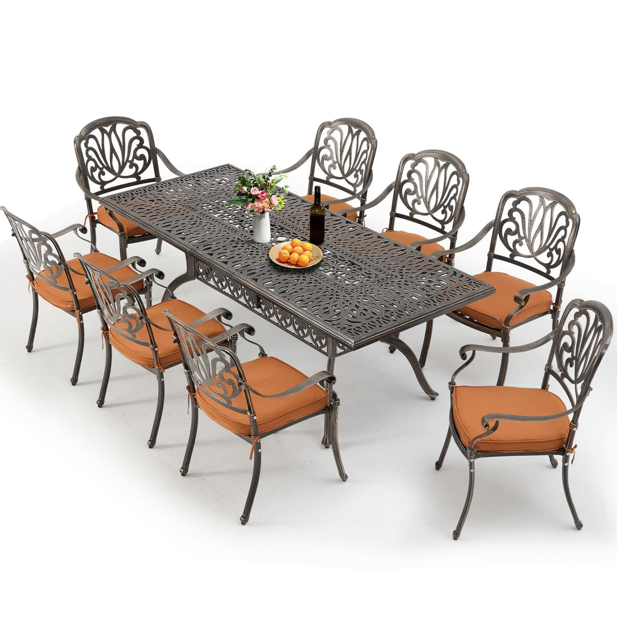 [Hi-End]Cast Aluminum Patio Furniture Set 9-Piece Outdoor Dining Set Includes 86.6’’ Rectangular Patio Table with Umbrella Hole and 8 Cushioned Dining Chairs,Rust-Free for Patio Deck Garden Pool RICHRYCE