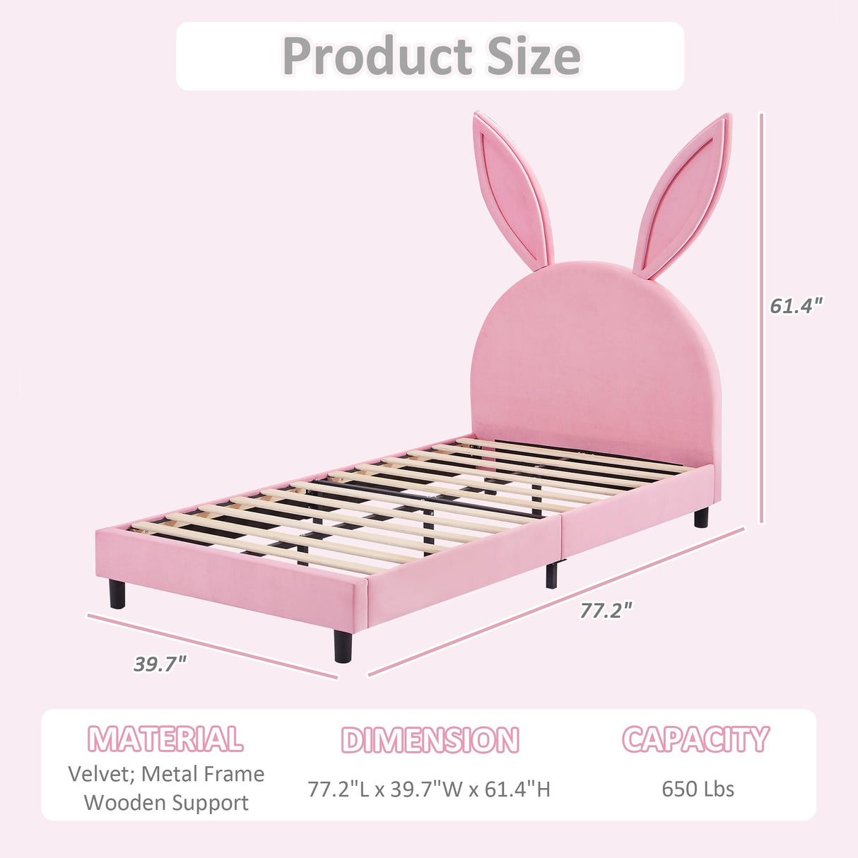 VECELO Pink Twin Bed Frame with Bunny Ear Headboard, Upholstered Velvet Padded for Girls, Sturdy Wood Slats, No Box Spring Needed VECELO