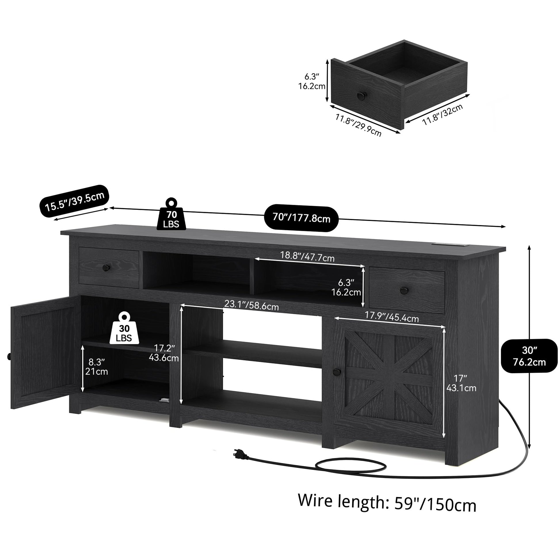 YITAHOME Farmhouse TV Stand for TVs up to 80 Inch, Modern Entertainment Center with Storage Cabinets, 70" TV Console with Drawers for Living Room, Black - WoodArtSupply