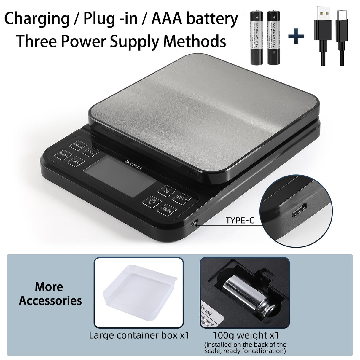 BOMATA Large Kitchen Scale with 0.1g/0.001oz High Precision, 5kg/11lb Bakery Scale with% Percentage Function, USB Rechargeable, Full-View Angle LCD with Backlight, Stainless Steel Pan BOMATA
